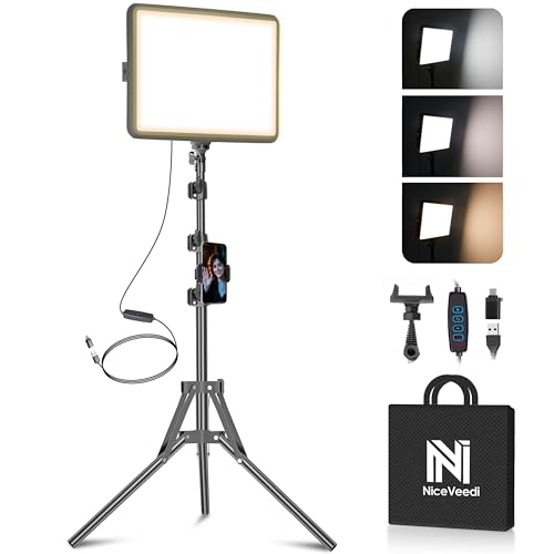 1-Pack LED Video Light Kit, NiceVeedi Photography Lighting Kit, 2800-6500K Dimmable Studio Light with Tripod Stand & Phone Holder, 73" Stream Light for Video Recording, Game Streaming, YouTube - color: 15W-1 Pack (USB-C Adapter)
