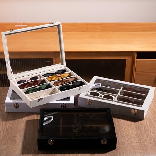 Frebeauty Sunglass Organizer,Velvet Glasses Organizer,8-Slot Sunglasses Tray with Clear Lid,Men's/Women's Sunglasses Box,Sunglass Case,13.3 x 9.6 x 2.2 Inches,Eyeglass/Eyewear Display Tray(White) - color: White, style: With Lid
