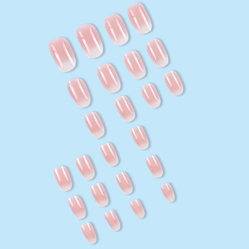 Almond Medium Round Pink Ombre False Nails - 24pcs Press On Acrylic Nails with Gloss Designs
