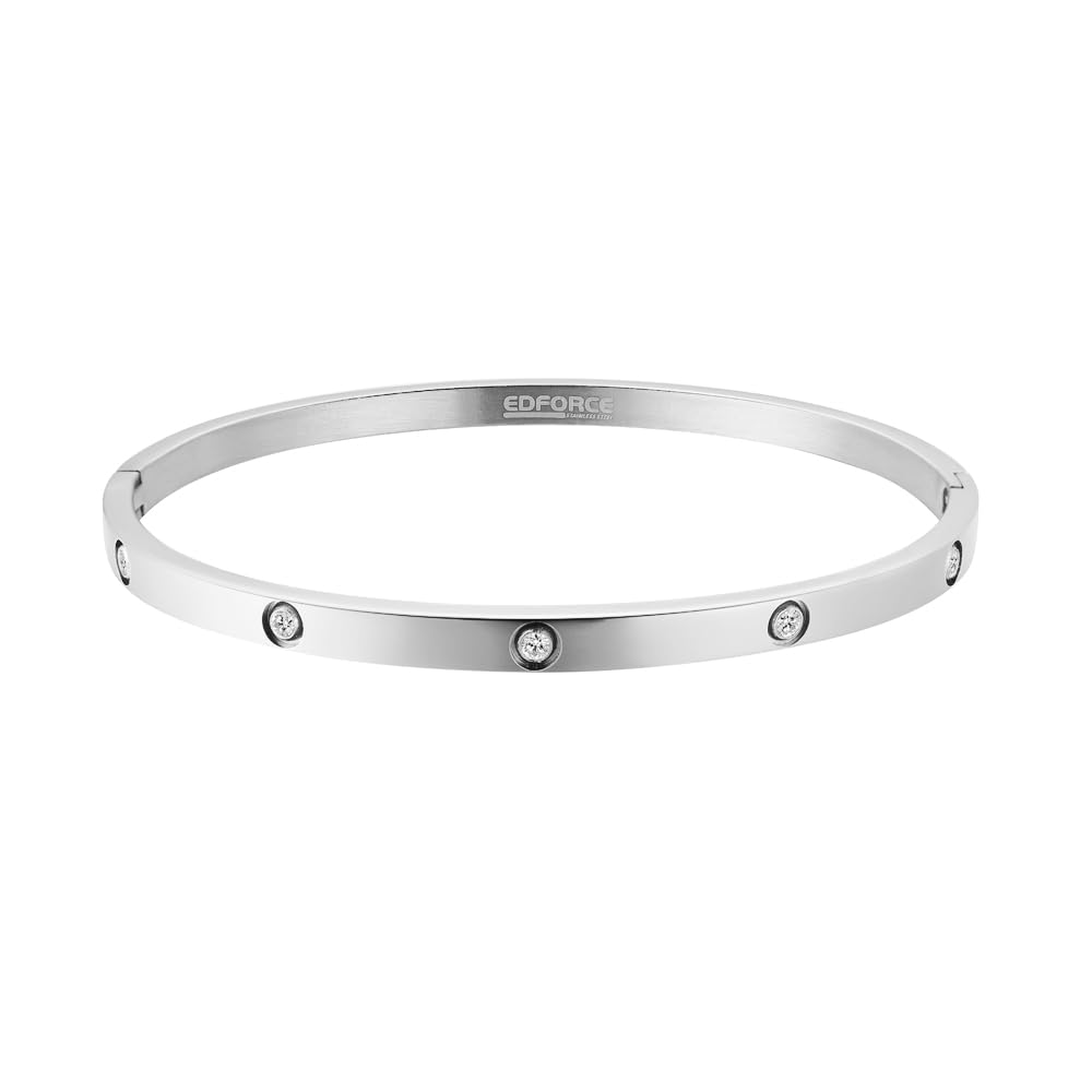 Edforce Stainless Steel 4mm Width Thin Love CZ Bangle Bracelet for Women (Silver)