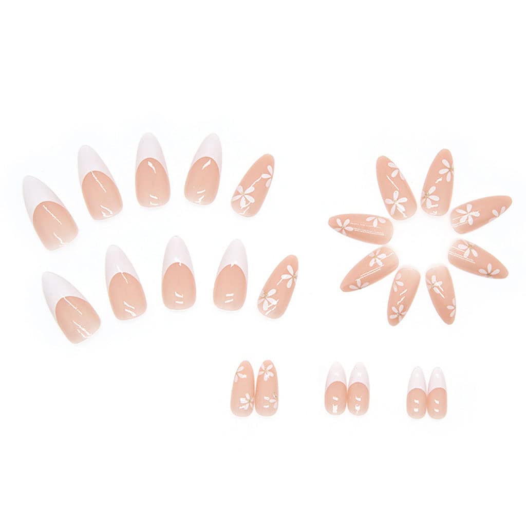 RikView French Tip Press on Nails Medium Fake Nails White Press on Nails with Flowers Design Almond Acrylic Nails