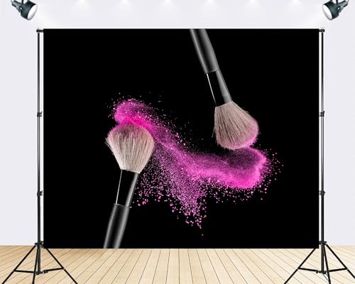 Trykid 20x10ft Makeup Brush Pink Powder Backdrop Black Background Cosmetic Scenery Photography Background Wedding Beauty Party Decoration Tapestry Photo Booth Prop Fabric - size: 20x10ft