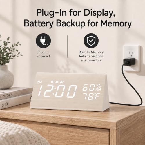 JALL Wooden Digital Alarm Clock for Bedrooms and Office, 3 Alarms with Big Digits, Humidity and Temperature Display, 6-Level Dimmer, Snooze, Loud Desk Clock for Heavy Sleepers, Plug in (White)