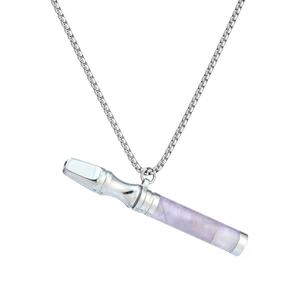 Anxiety Breathing Necklace Meditation Natural Crystal & Stone Breathe Necklace Stainless Steel Quit Vaping tools Mindfulness Pendant Stress Relief & Natural Calm (Amethyst)
