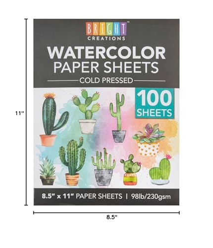 Bright Creations Printable Cold Pressed Watercolor Paper Bulk Pad - 100 Sheets, 8.5 x 11 in, 230 GSM, White - Painting Paper for Acrylics & Sketching