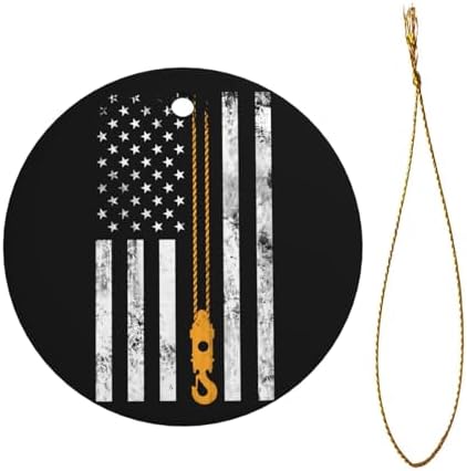 Holiday Ceramic Ornament, Lifting Hook Thin American Flag Crane Operator, Double-Sided Round Pendant, Ideal Christmas Decoration