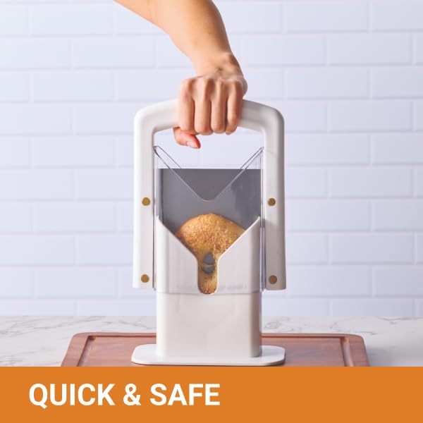 Hoan Bagel Biter Slicer and Cutter with Safety Shield - Serrated Blade Cuts Bagels, Muffins, Buns and Rolls - Dishwasher Safe Bagel Guillotine, 9.25 Inches Tall, White