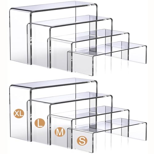 MerryNine Acrylic Risers Display Stands, 8 Pcs 2 Set Clear Acrylic Shelves, Plastic Display Risers for Retail, Vinyl Figures, Cupcake, Jewelry, Dessert Display, No Assembly, Scratch-Resistant (Rectangular-4mm-8pcs)