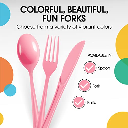 Party Solids Pink Plastic Forks 200 Pieces Pink Forks Disposable Utensils Heavy Duty Plastic Cutlery Set Disposable Cutlery Sets Flatware Sets Silverware Set Party Supplies & Party Tableware - color: Pink
