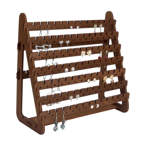 7-Tier Wood Earring Stand Organizer Dangle Earring Jewelry Organizer Holder Stud Earrings Tower Detachable Wood Tiered Jewelry Card Display Tree Wooden Tray for Women Coconut Brown