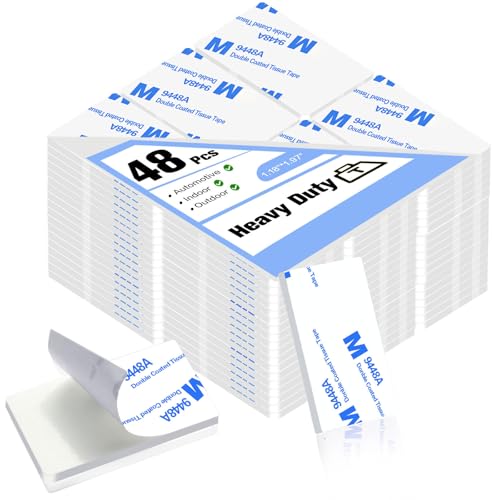 White Double Sided Adhesive Pads,Heavy Duty Mounting Tape,48Pcs 3mm Thickness Pre-Cut Foam Tape,Super-Sticky Black Strong Pads Rectangle Shape Waterproof for Walls Picture, Car, Home, Office - color: White