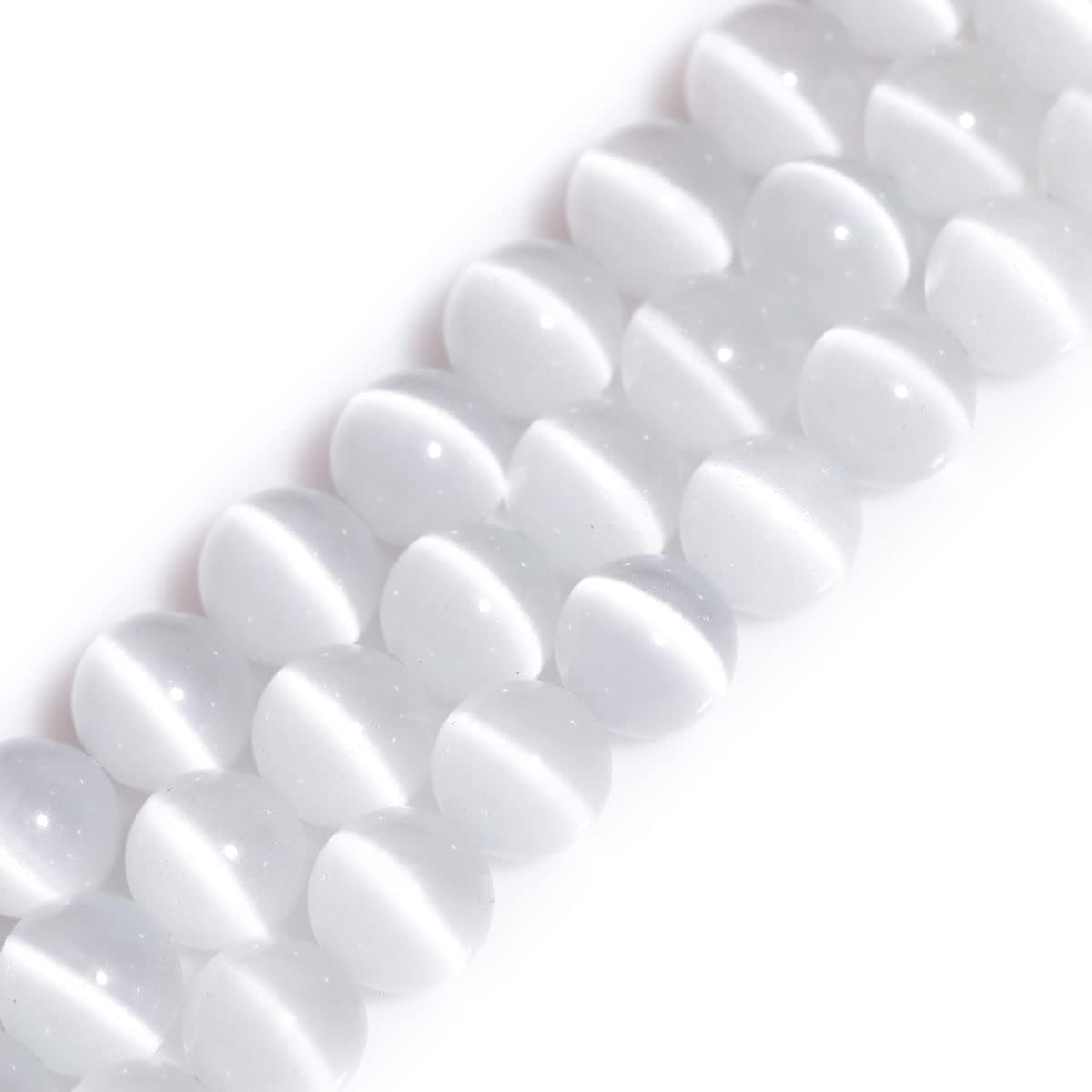 HAAMIIQII 45pcs 8mm White Cat Eye Beads Round Loose Gemstone Beads for Jewelry Making Strand 15 Inch