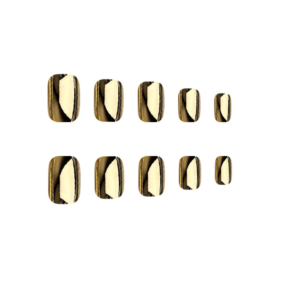 FJSMTOPl Gold Press on Nails Square Fake Nails Short False Nails with Designs Metallic Holographic Glue on Nails Acrylic Nails Glossy Stick on Nail for Women Nail Manicure