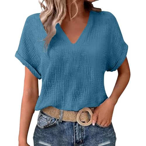 Womens Shirts Cotton Linen v Neck Short Sleeve Blouses Casual Loose Fit Textured Summer Pullovers Daily Wear - color: A04-navy, size: Large