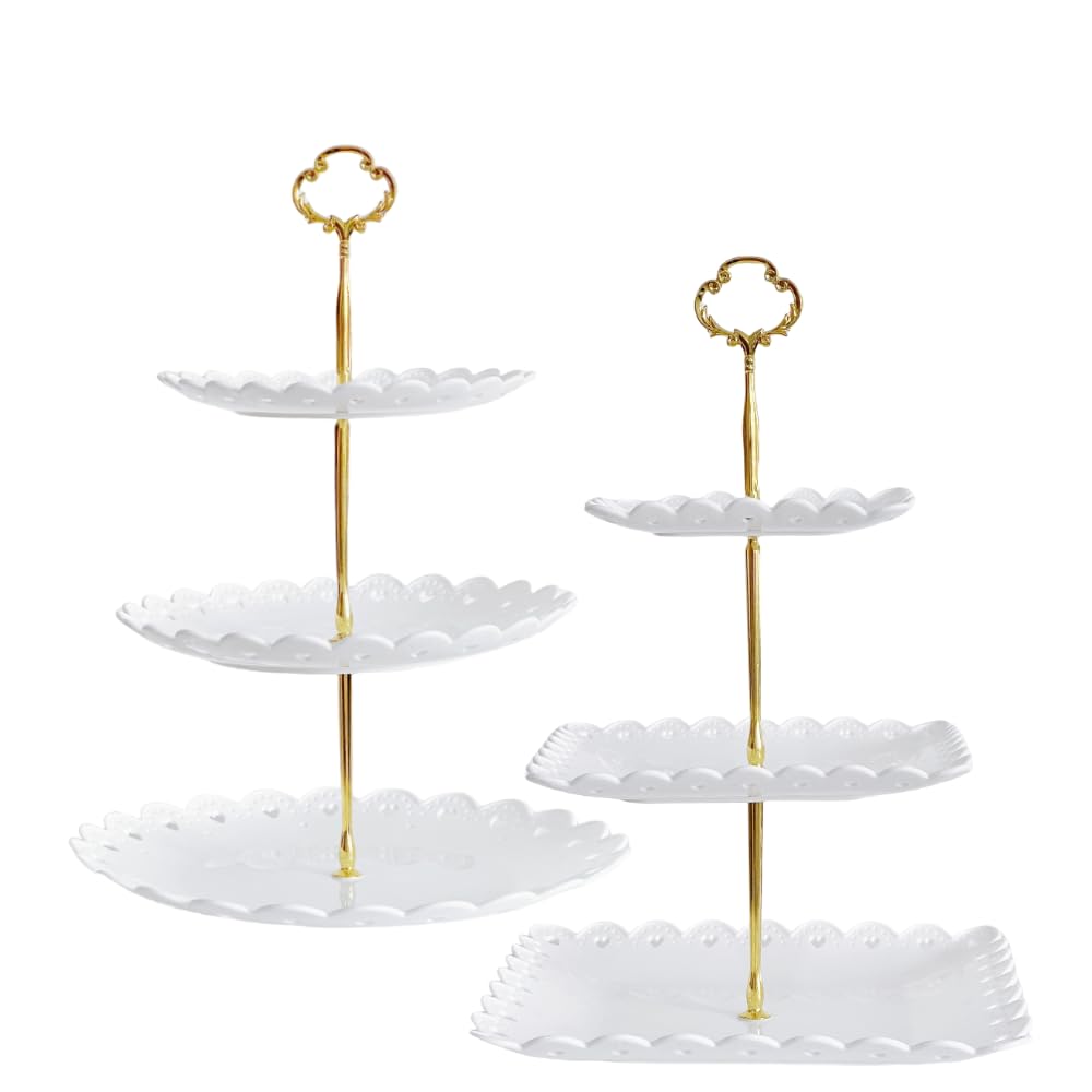 RAUVOLFIA 2 Pack of Plastic Round & Square Dessert Cupcake Stand, 3 Tier Cup Cake Holder Tower for Tea Party/Birthday/Wedding, Plastic Tiered Serving Tray (White)