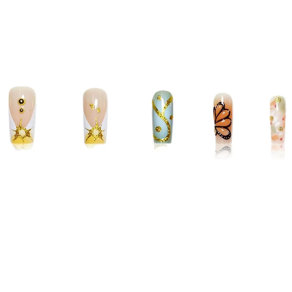 CTTHNBD Press on Nails Medium - Square Fake Nails with Butterfly, Gold Stripes Design - Rhinestone, Stick on False Nails for Women 24 Pcs