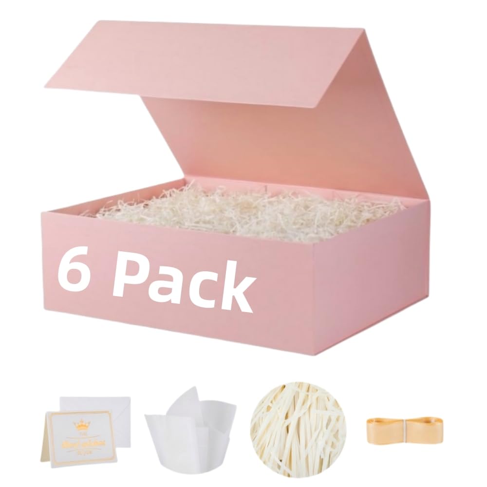 UoeRing 6 Pack Pink Gift Box 11.5x8x4 inch Luxury Gift Box for Presents with Magnetic Lid Collapsible,Bridesmaid Proposal,Contains Card, Ribbon, Tissue Paper,Shredded Paper Fille