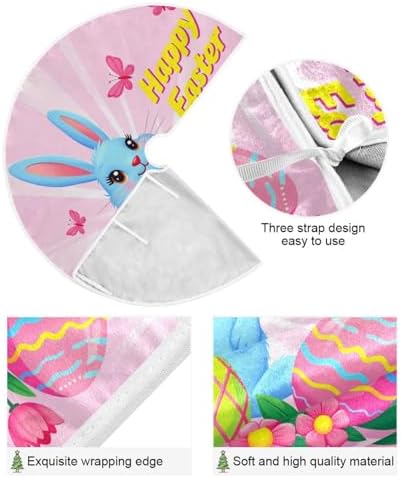 Blue Bunny Easter Eggs Christmas Tree Skirt 47.2 Inches Pink Flowers Butterflies Rabbit Xmas Tree Skirts Floor Door Mat Decorations for Holiday Party Indoor Outdoor Home Office Christmas Day Ornaments