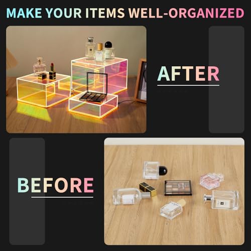 3Pcs Iridescent Acrylic Display Risers with LED light Plug and Play, Lighted Stackable Acrylic Cube Boxes Stand with Hollow Bottom for Figures Jewelry Perfume Purse Liquor Food Buffet Riser - color: Iridescent-LED light-3pcs
