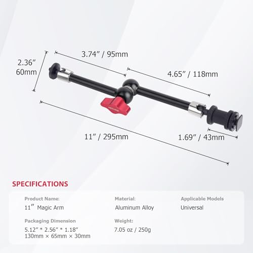 11" Pro Cold Shoe Magic Arm, Extra-Long Adjustable Friction Arm with 1/4" Screw for Teleprompter, Ring Light, Camera Rig – Live Stream Filmaking-87003 - size: 11" Magic Arm