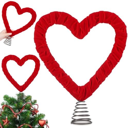 Valentines Tree Topper Velvet Heart Tree Topper for Valentine Treetop Red Heart Decorations for Home Wedding Holiday Party Supplies Gift (Red, 11.8 Inch, Velvet)