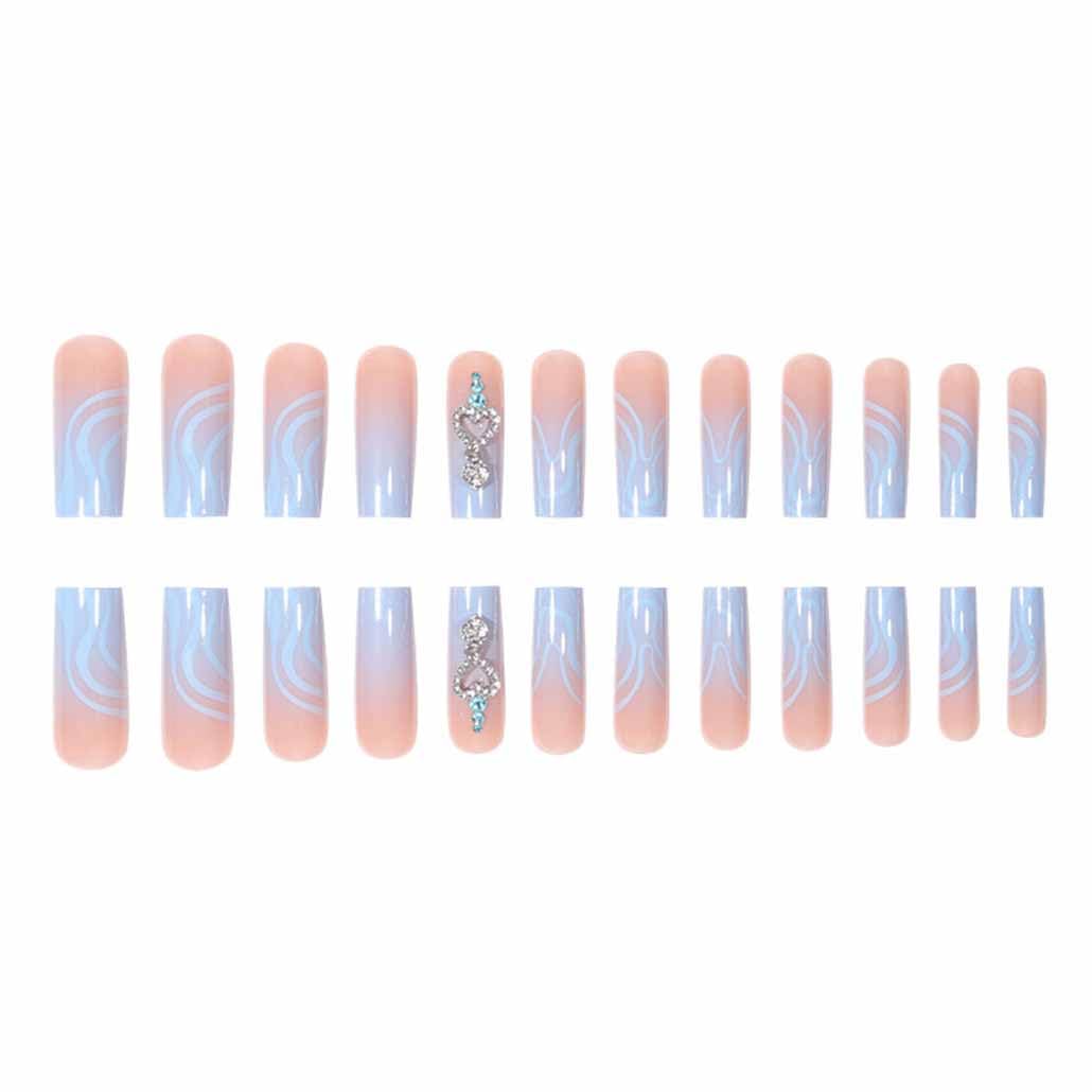 Foccna French Press on Nails Long Blue Fake Nails Square Bling Glossy Rhinestone False Nail Tips Artificial Nails Finger Manicure for Women and Girls-24pcs