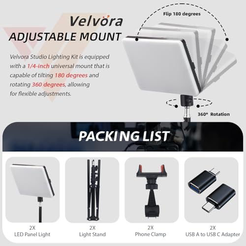 2-Pack LED Video Light Panel, 2700K-7500K Bi-Color Dimmable Photography Lighting Kit with 60" Tripod Stands & Phone Holders, CRI 95+ Studio Lights for Streaming, YouTube, TikTok, Zoom