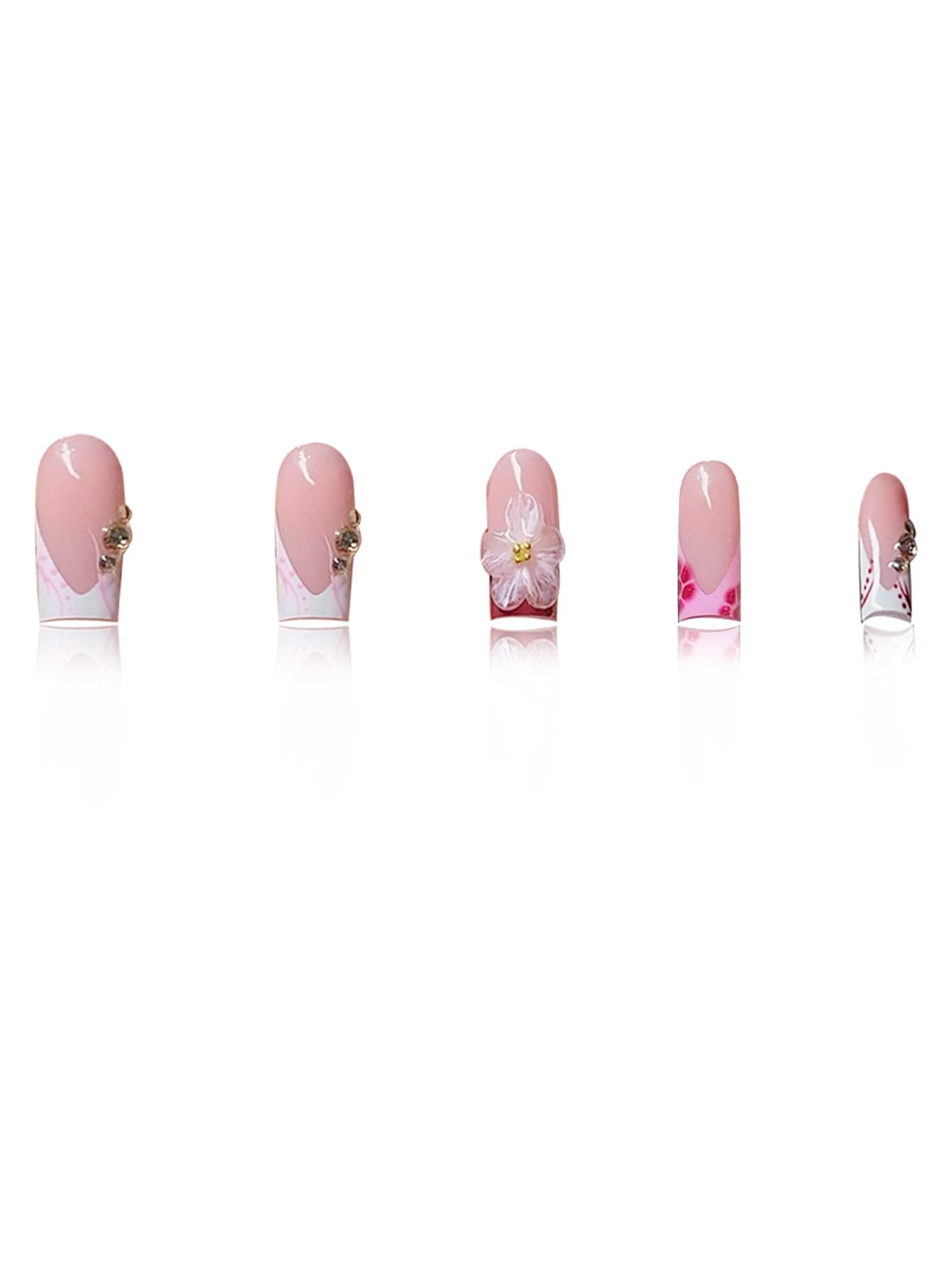 plalely Press on Nails French Tip, Handmade Acrylic Press on French Tip Nails with Flower Designs，Long Square Nail Press Ons for Women 24pcs