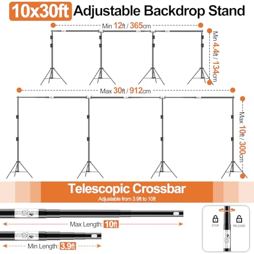 FUDESY 10x30ft Backdrop Stand Heavy Duty Adjustable Photography Background Support System with Angle Rotatable Connector, Spring Clamps, Sandbags, Ring Clips, Carry Bag for Photo Video Studio, Wedding - size: 10x30ft