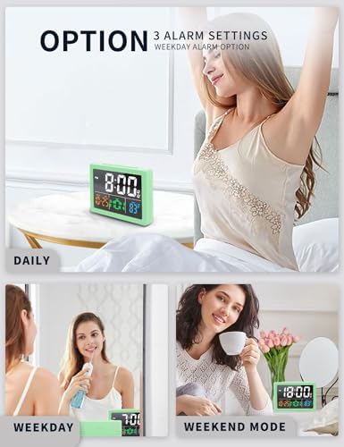 JALL Digital Clock with Date Day for Seniors, Electric Alarm Clocks for Bedrooms with Temperature, 2 Alarms, Dimmer, Dual USB Charger, Battery Backup, Volume Control, Snooze, Bedside Desk Clock, Green