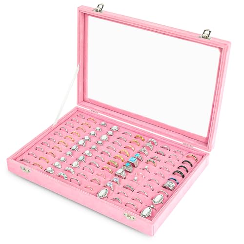 Frebeauty Ring Organizer Tray 100 Slots Ring Holder with Clear Lid Velvet Storage Box Jewelry Tray for Jewelry Store Earring Display Case for Jewelry Show Studs Box for Women(Pink) - color: Pink