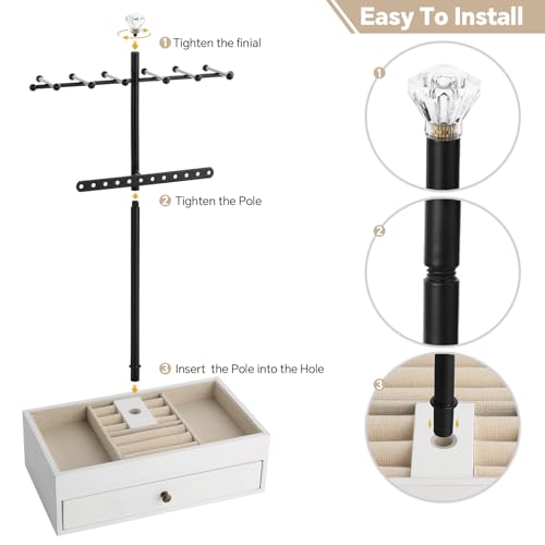 Meangood Jewelry Organizer Stand, 3-Tier Necklace Holder Jewelry Tree with Wooden Storage Drawer Box for Necklace Bracelet Earring Ring,White - color: Light White