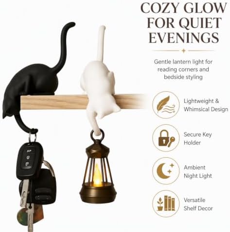 Cat Shelf Hook with Lantern,Resin 3D Print,Book Ledge Decor for Cat Owners