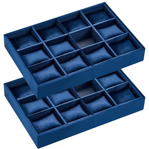 Henoyso 2 Pieces 12 Grid Velvet Watch Tray Jewelry Organizer Stackable Watch Bracelet Bangle Display Holder Adjustable Pillow(Blue) - color: Blue, size: 12 Grid