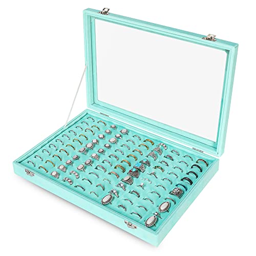 Frebeauty Ring Organizer Tray 100 Slots Ring Holder with Clear Lid Velvet Storage Box Jewelry Tray for Jewelry Store Earring Display Case for Jewelry Show Studs Box for Women(Turquoise) - color: Turquoise