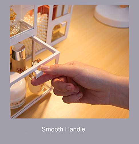 MOOCHI White Vintage Glass Cosmetic Makeup Organizer 3 Drawers Set Dust Waterproof Cosmetics Storage Display Case Countertop for Brushes Lipsticks Jewelry