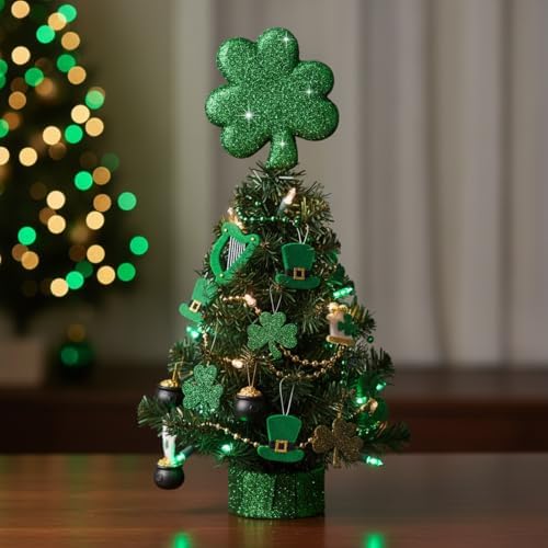 St. Patrick Day Mini Tree Topper 6 Inch Miniature Irish Shamrock Miniature Christmas Tree Topper, Irish Green Decoration for Holiday Party Decor Fancy
