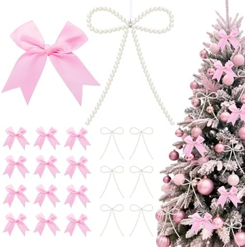18 Pcs Pink Bow Ornaments for Christmas Tree,Include 6 White Pearl Bows 12 Pink Satin Ribbon Bows,Bow Ornaments Christmas Tree Toppers for Home Wreath Fireplace Xmas Gift Packaging Wedding Party Decor