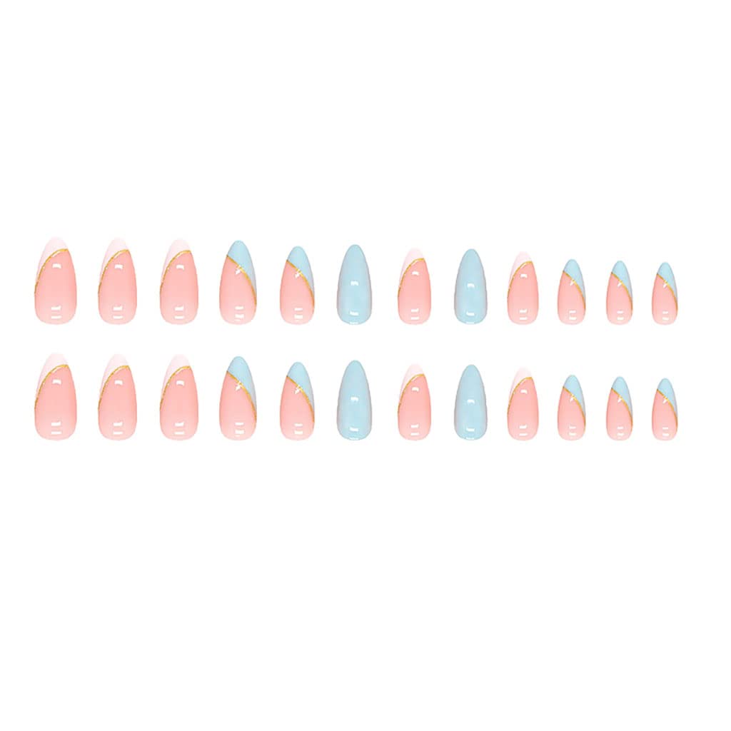 RikView French Tip White Press on Nails Medium Fake Nails Blue Almond Acrylic Nails 24 PCs/Set