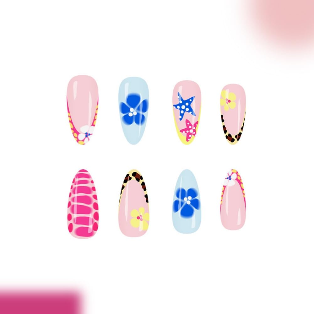 Almond Press on Nails Medium Fake Nails with Blue Flower Design Glossy Starfish False Nail Turtle Shell Leopard Prints Nail Press ons Reusable Spring Summer Acrylic Nail for Women Manicure 24Pcs