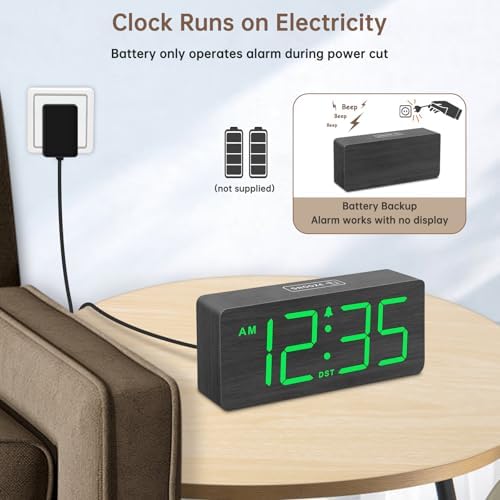 DreamSky Wooden Digital Alarm Clock for Bedroom with Large Numbers | Desk Clocks for Living Room Office, Loud Alarm for Heavy Sleepers Adults, Volume Control, Dimmer, DST, Wood Decor (Plug-in)