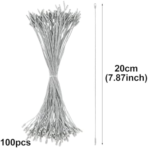 100pcs Ornament Hangers String, 7.87 Inch Precut Metallic Tinsel Rope Ornament Hanging Ropes with Snap Fastener for Christmas Tree Baubles Tags Party Favor, Silver