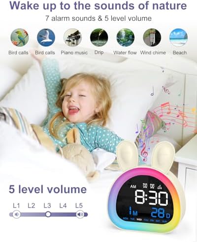 Alarm Clock for Kids, Ok to Wake Up Clock with 9 Color Night Light, Dual Alarms, 5 Level Volume & Brightness Adjustment, 6 Ringtones, Bedroom Alarm Clock for Toddlers, Teens, Girls Gifts
