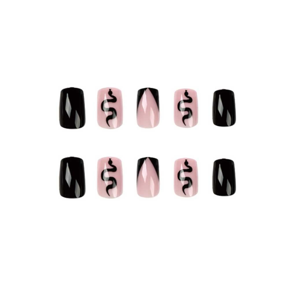 Foccna Black Square Press on Nails Snake Women's French False/Fake Nails Tips Medium Glossy Daily Wear Artificail Nails for Nail Art Manicure Decoration
