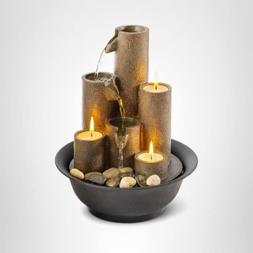 Alpine Corporation WCT202 Indoor Tabletop Tiered Water Fountain Featuring 3 Candles for Desktop and Table, 11", Brown