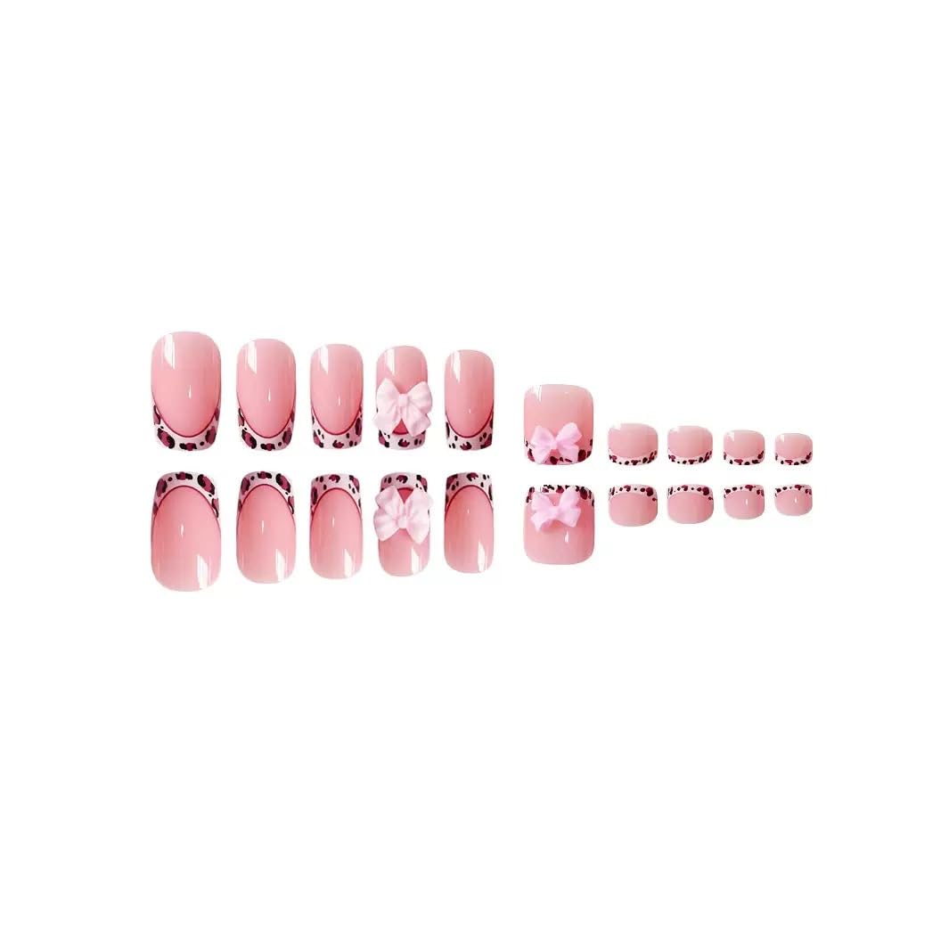 48Pcs Short Press on Nails Square & Press on Toenails Set, Pink Press on Nails Leopard Print French Tip Fake Nails with Bow Design Press on Toe Nails for Women Manicure Kit