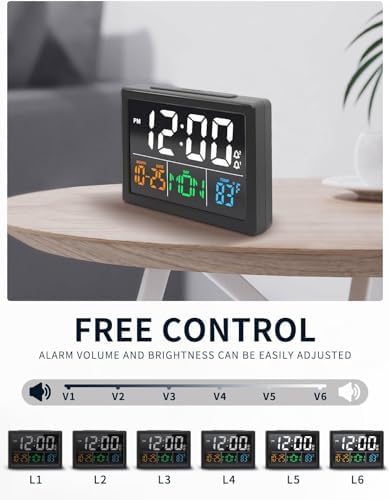 JALL Digital Clock with Date Day for Seniors, Electric Alarm Clocks for Bedrooms with Temperature, 2 Alarms, Dimmer, Dual USB Charger, Battery Backup, Volume Control, Snooze, Bedside Desk Clock, Black