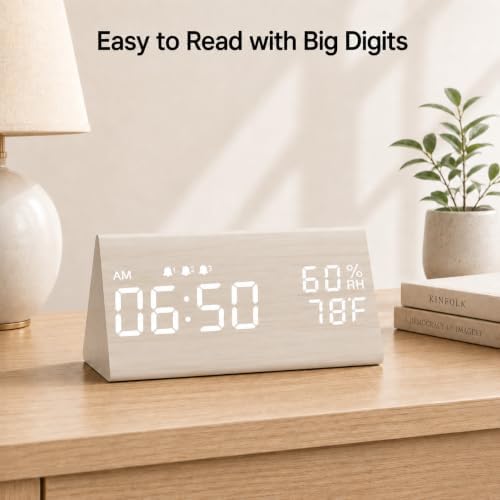 JALL Wooden Digital Alarm Clock for Bedrooms and Office, 3 Alarms with Big Digits, Humidity and Temperature Display, 6-Level Dimmer, Snooze, Loud Desk Clock for Heavy Sleepers, Plug in (White)