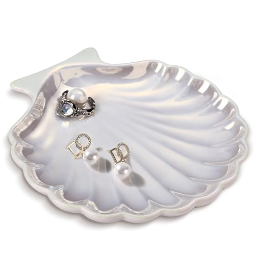 AISBUGUR Shell Ring Holder Dish, Shell Jewelry Tray, Trinket Dish, Cute Decorations for Coastal Home Decor, Bathroom Decor, 5.5", White - style: Shell White