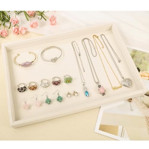 2 Pcs 13.8" x 9.5" Velvet Jewelry Tray Jewelry Display Tray Flat Tray, Stackable Empty Plate Trays for Earrings Necklaces Bracelet Rings Display Showcase - Light Khaki - color: Light Khaki, size: Flat Tray 13.8"x9.5"